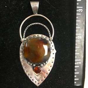 Huge handmade agate pendant sterling silver garnet
